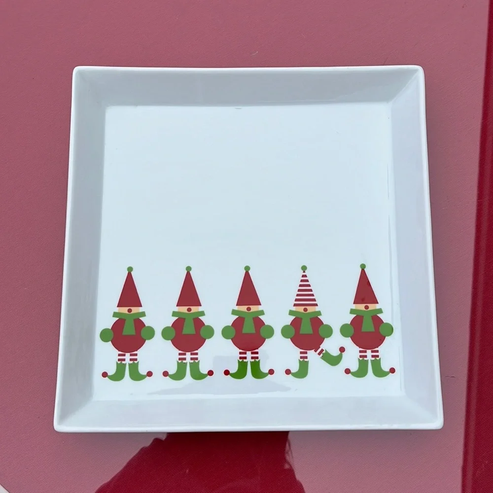 Crate & Barrel Christmas platter jingle elves, New a tags